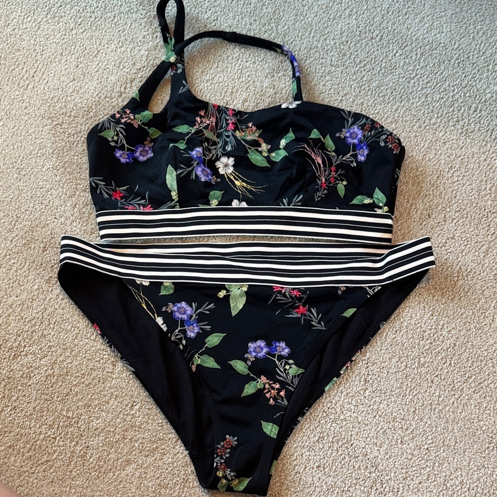 Athleta Black Floral Bikini Bottom with Striped Waistband
